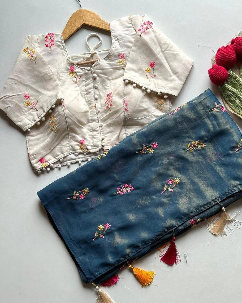 Rich Golden Zari Tissue Based with Embroidery Work Flower Butti With Tussles